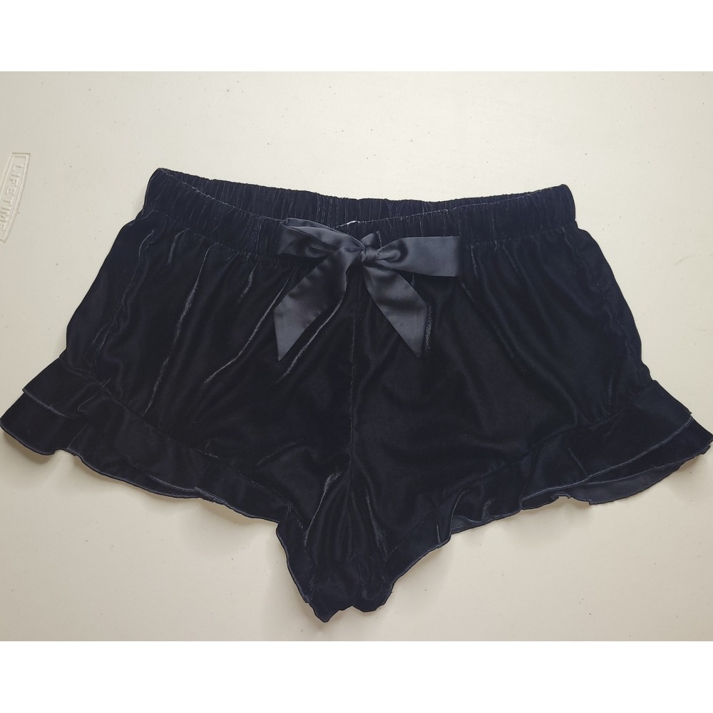 Victoria's Secret Black Velvet Ruffle Sleep Shorts w/Satin Bow